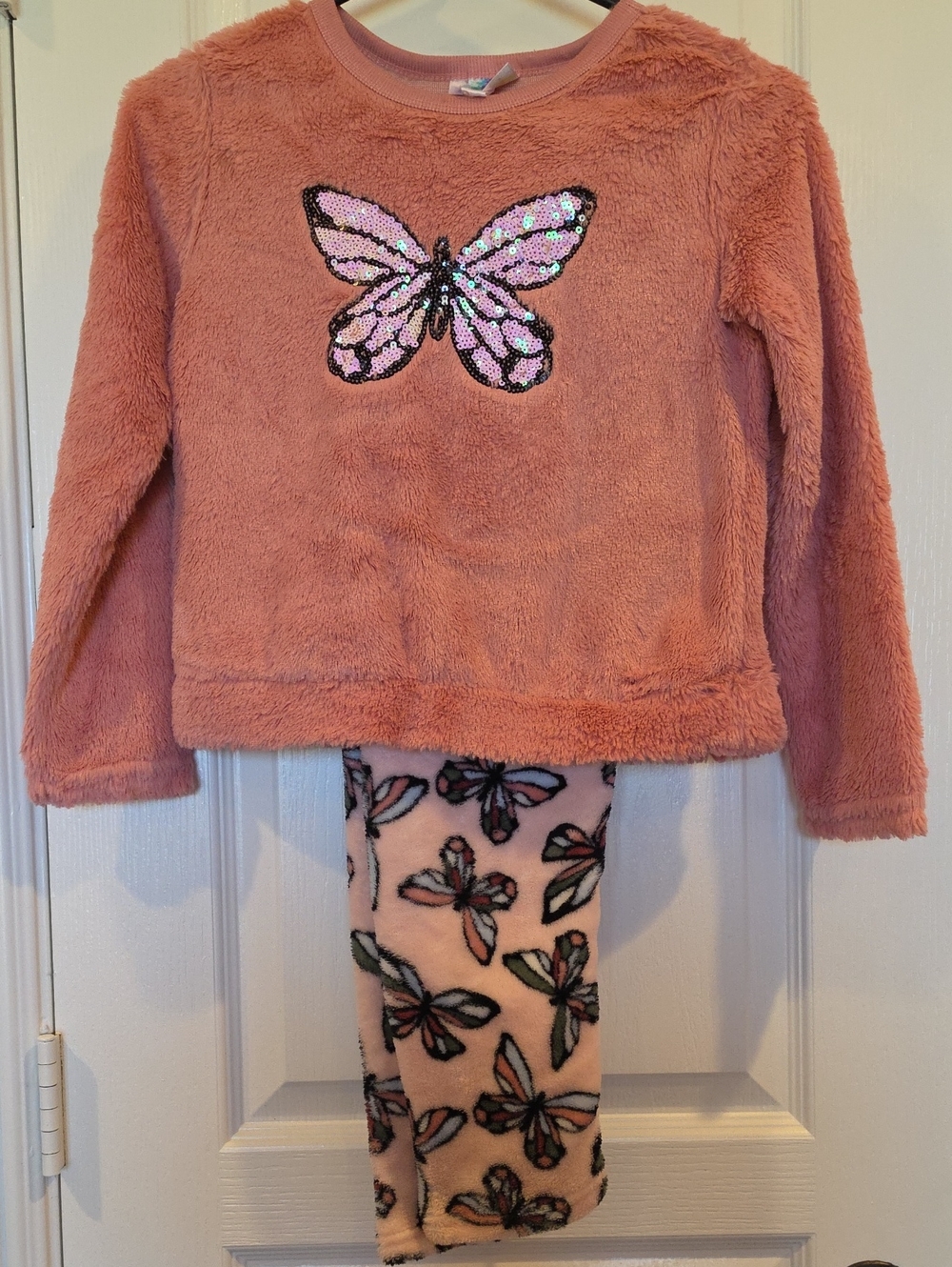 Size 8, Girls' Cozy Sequin Butterfly Pajama Set - Mauve W Pink Set